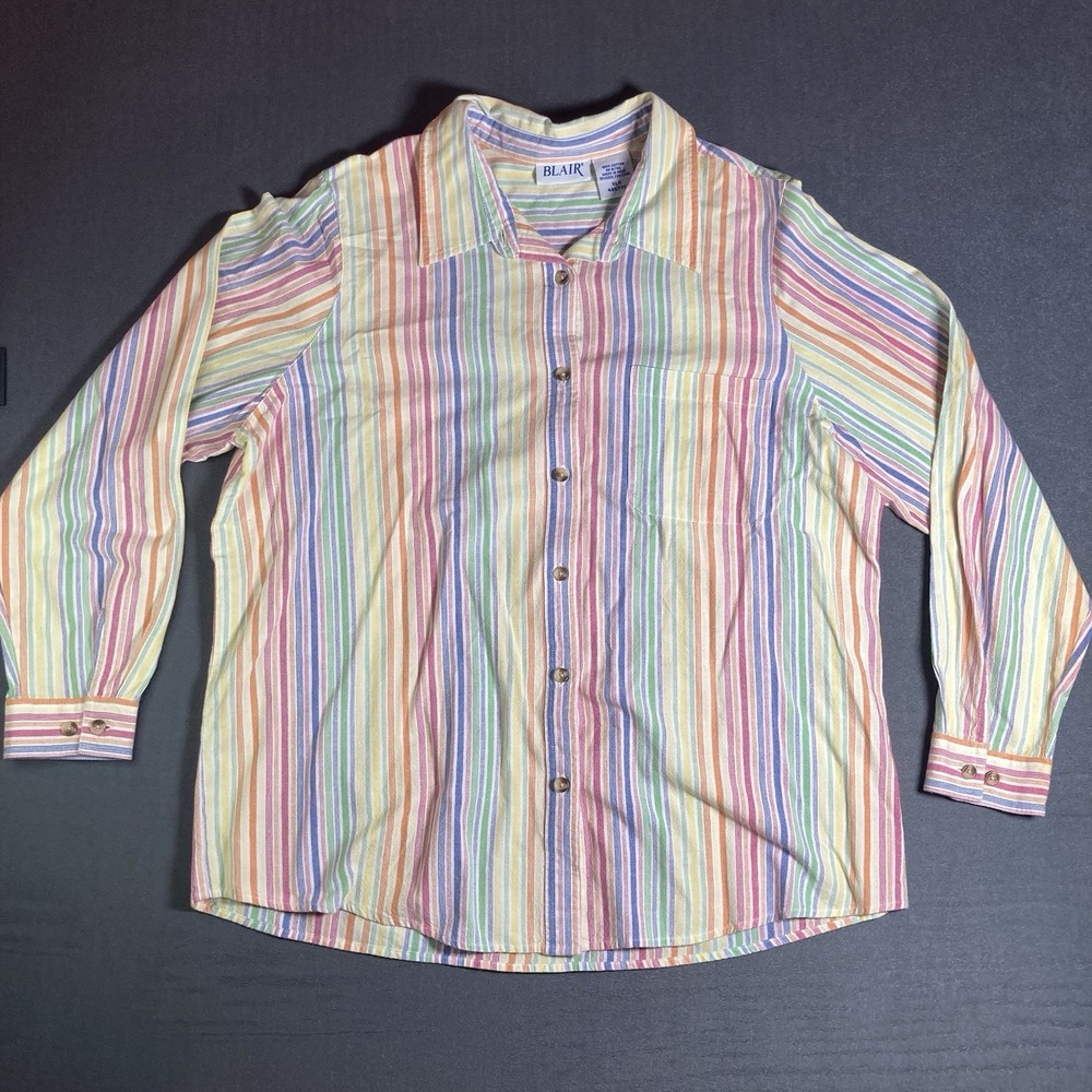 VTG Blair Pastel Rainbow Striped Button Up Shirt Long Sleeve Blouse Cotton XL
